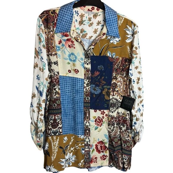 JOHN MARK PL PETITE LARGE Artsy Boho Tunic Top Blouse Shirt Art Wear Mixed Print - Picture 1 of 11